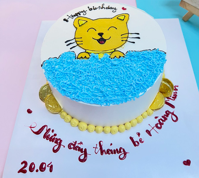 Bánh kem sinh nhật vuông tạo hình 3D con mèo tuổi mẹo viền bi vàng sang  trọng tặng bạn  Bánh Kem Ngộ Nghĩnh